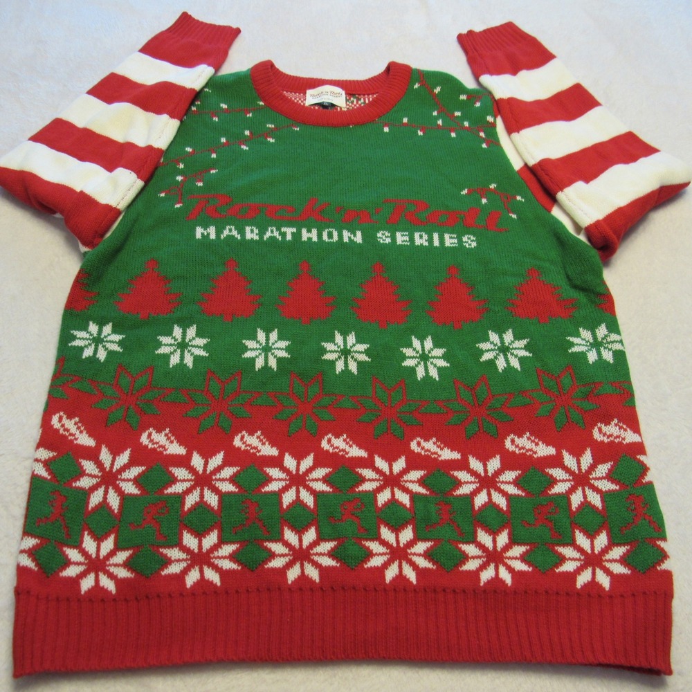 Rock n Roll Marathon Series Sweater Mens XL Green Red Holiday Running